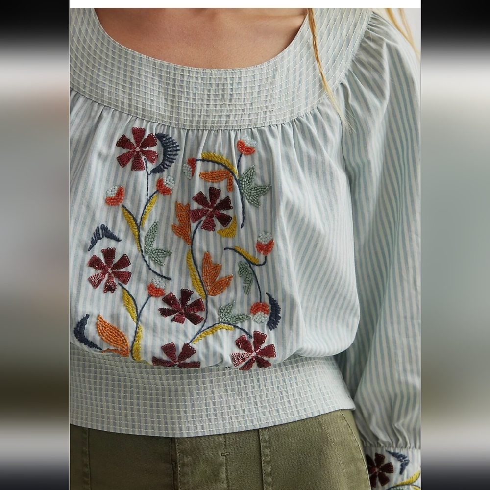 Anthropologie Beaded Puff-Sleeved Blouse Size Medium - Picture 2 of 8